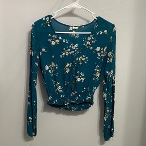 Dark Green Floral Button-Up Top